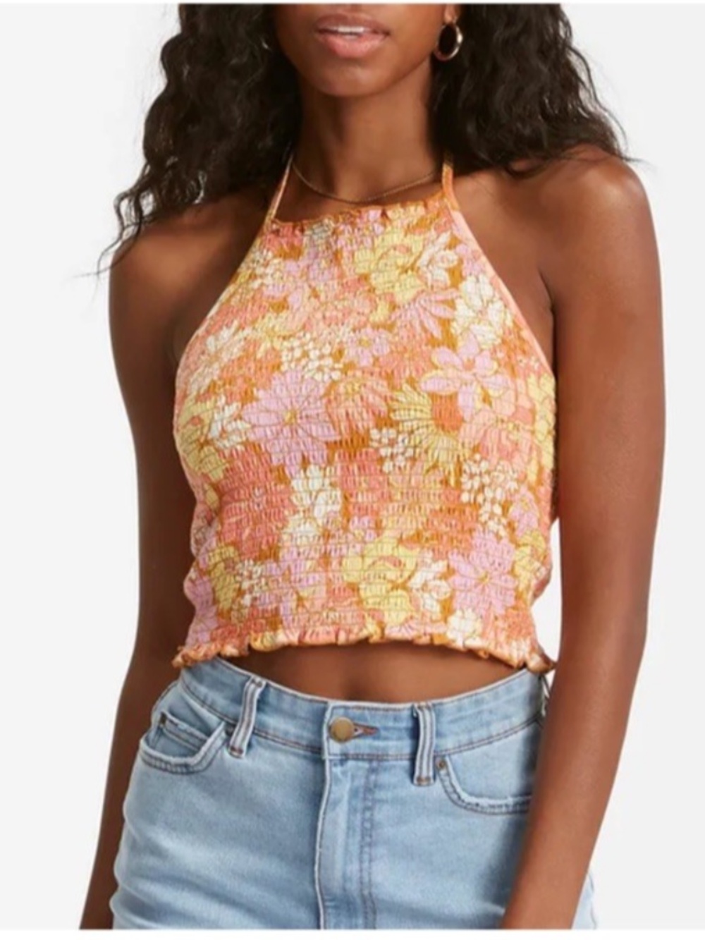 NEW Billabong Halter Crop Top Floral Smocked Strappy Cotton Tank Stretchy Small
